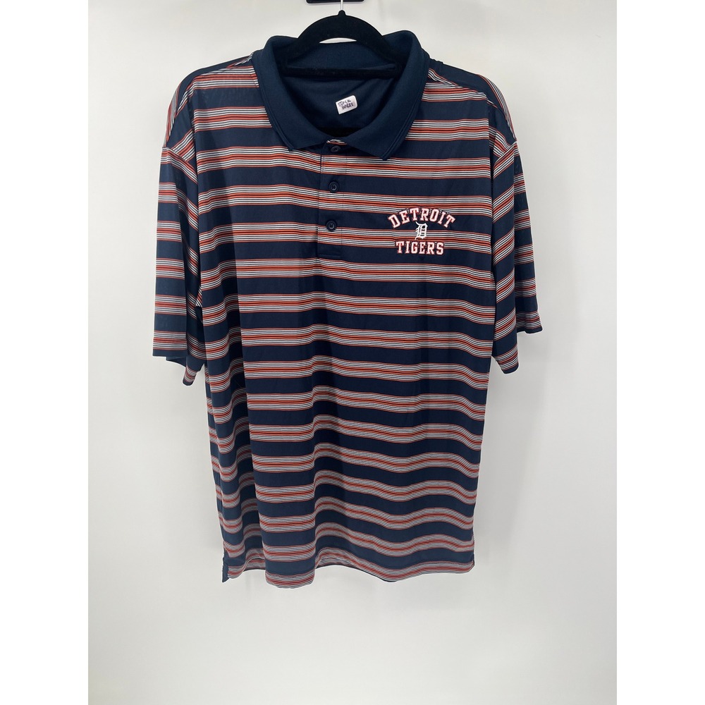 Detroit Tigers MLB Polo Shirt Mens XL Navy Blue Orange Striped Short Sleeve Logo